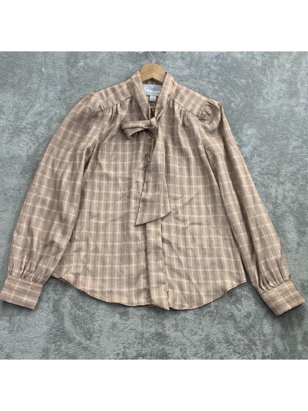 Mare Mare x Anthropologie Top Womens XS Brown Plaid Bow Tie Satin Button Up